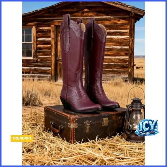 Faux Leather Knee High Cowboy Boots with Chunky Block Heel - Picture 5 of 7